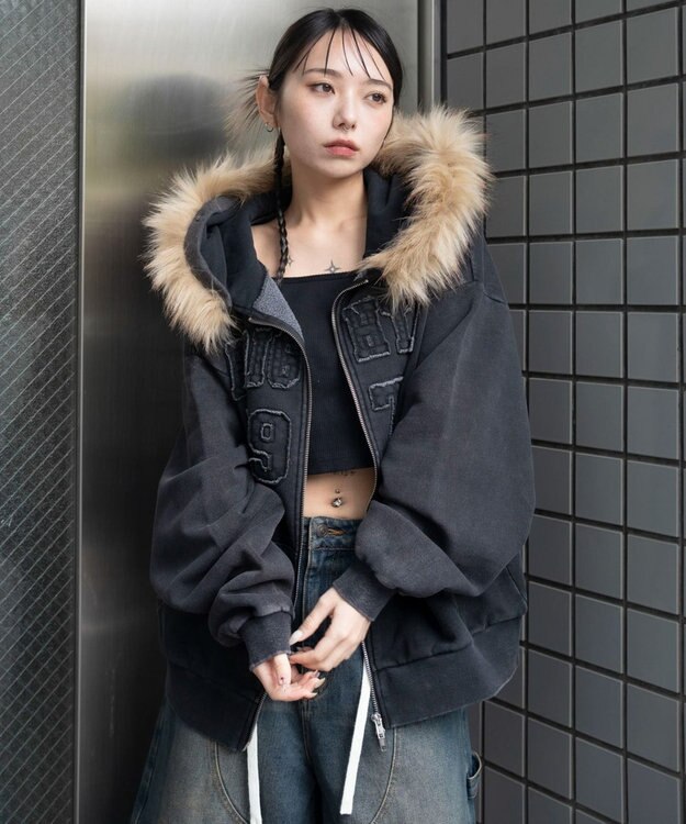 WEGO 裏起毛ファーフードBIGZIPパーカー スミクロ