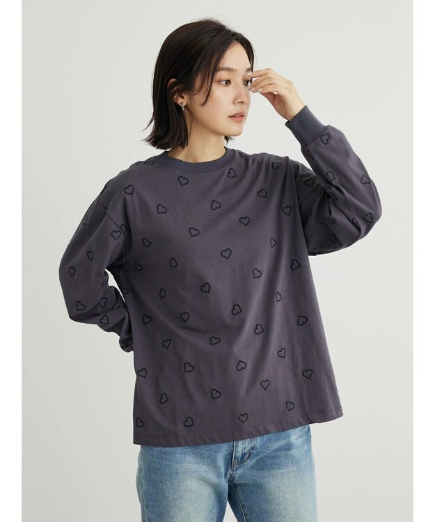 Green Parks ・Ｄｏｕｂｌｅ　Ｆｌａｇｓ　ハート刺繍ロンＴ Charcoal Gray
