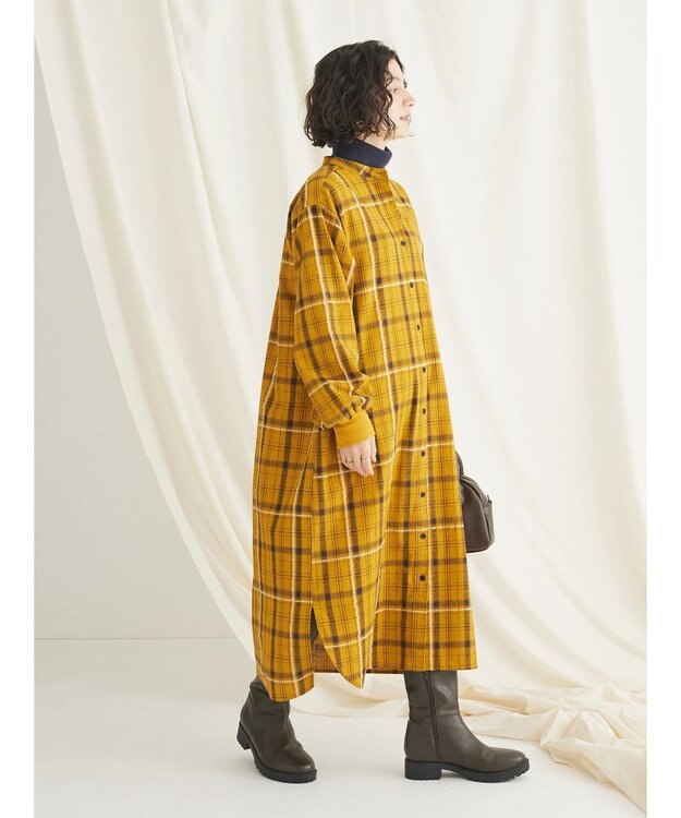 CRAFT STANDARD BOUTIQUE 先染めチェック（小）バンドカラー袖ＲＩＢ　ＯＰ Mustard