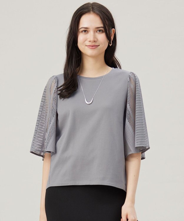 自由区 【洗える】レースエッジフレアスリーブ トップス モスグレー