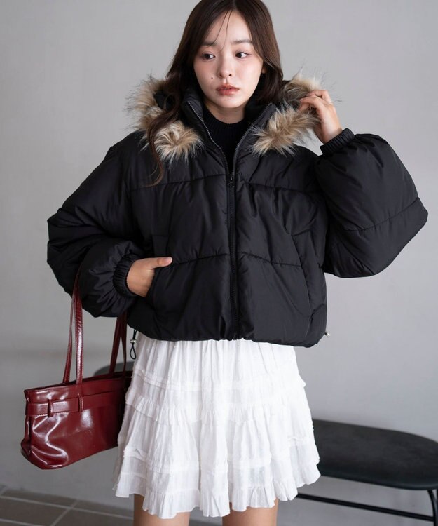 WEGO 【25年秋冬新作/SMサイズ展開】2WAYファーフードショートパファーブルゾン ブラック