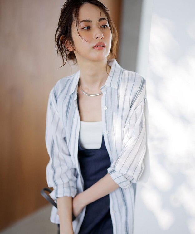 23区 【Oggi8月号掲載/洗える】LIBECO ベーシック シャツ ホワイト×ネイビーストライプ