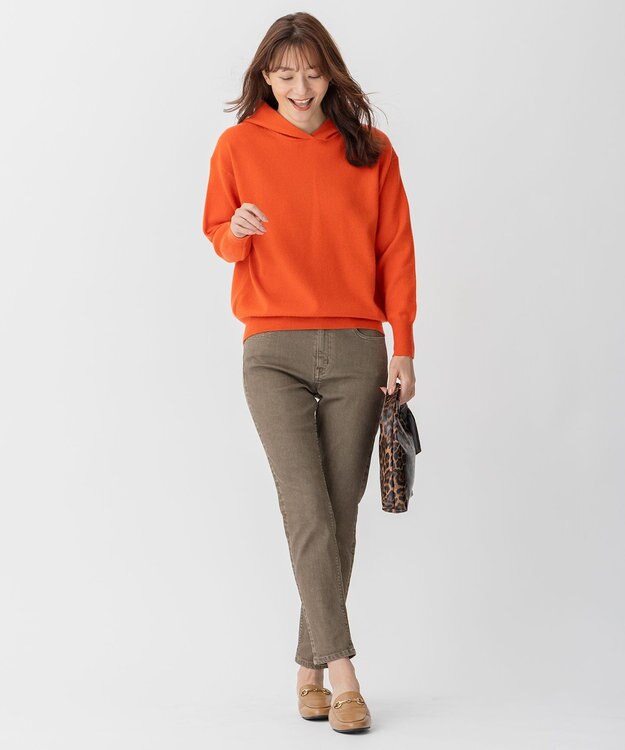 自由区 【洗える】ピュアカシミヤミルド フーディーニット オレンジ系