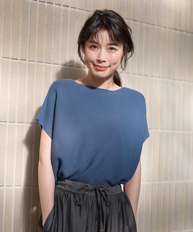 ANY 【洗濯機可/アンチピリング/UVカット】アクリルガーターフレンチスリーブニット ブルー