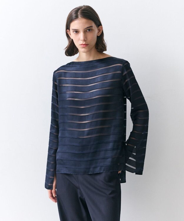 BEIGE， HAUYNITE / ボーダーシアー ボートネックブラウス Navy