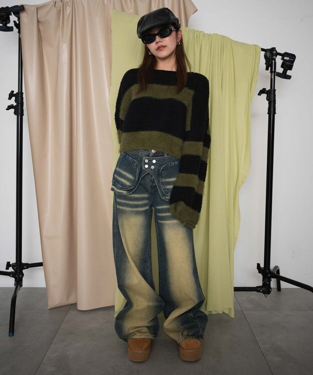 WEGO マテリアルシャギークロップドニット カーキ