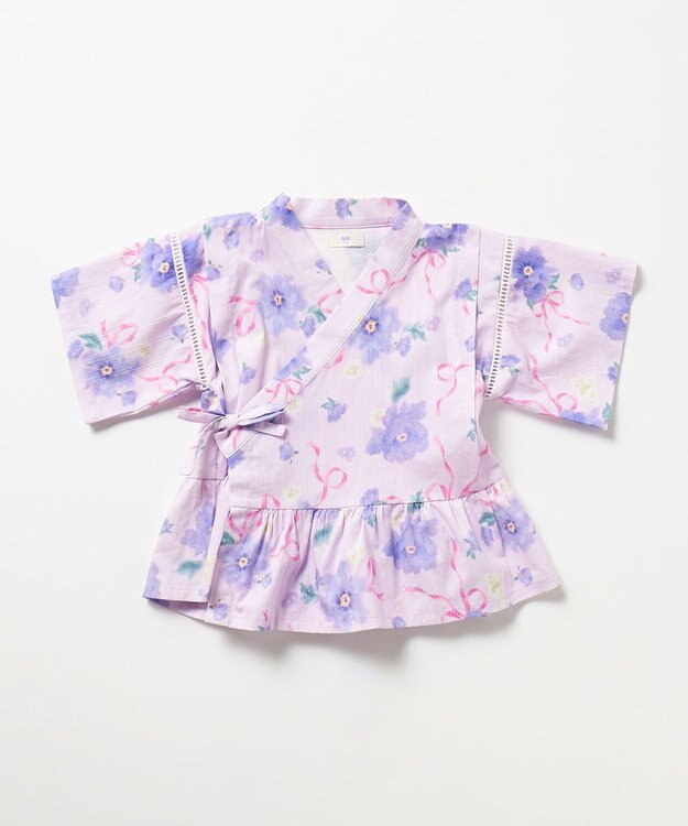 ANY KIDS 【洗濯機可能】簡単帯付き 甚平セット ラベンダー×花柄
