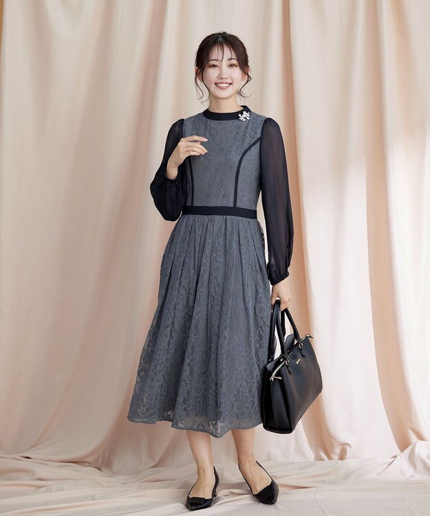 Tiaclasse 【洗える】レースコンビフレアワンピース ネイビーグレー