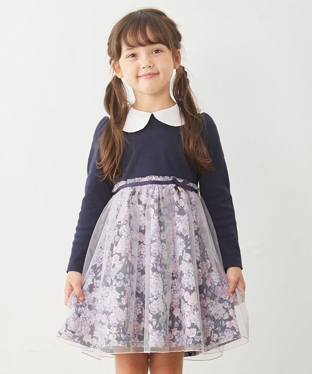 ANY KIDS 花柄ドッキングチュールワンピース ネイビー系