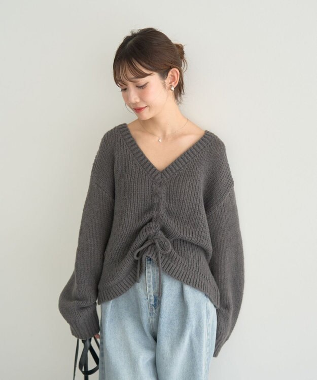 earth music&ecology フロントシャーリングニットプルオーバー チャコールグレー