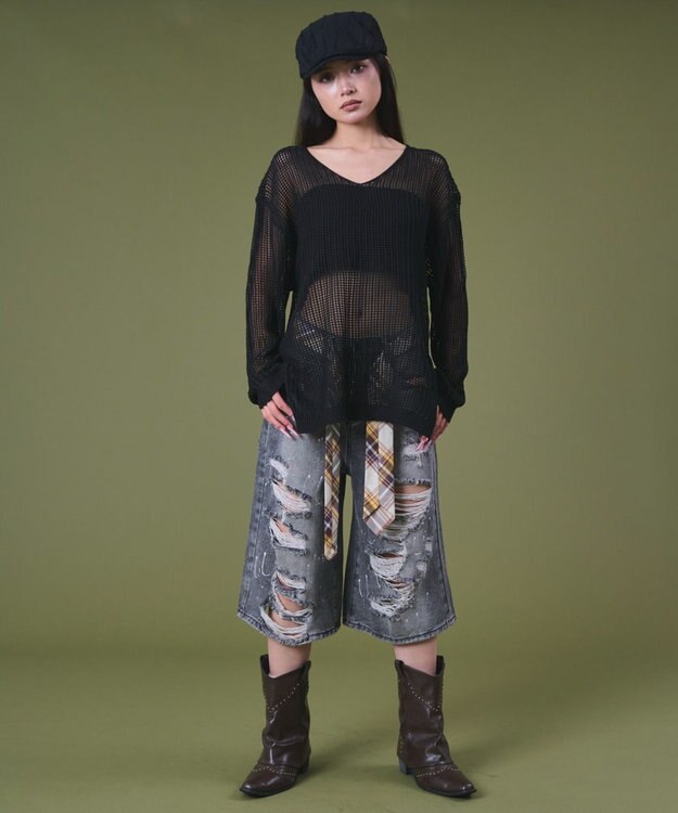 WEGO タイ付きダメージハーフデニムパンツ デニムブラック