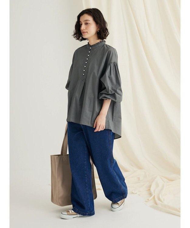 CRAFT STANDARD BOUTIQUE パールボタンピコフリルブラウス Khaki