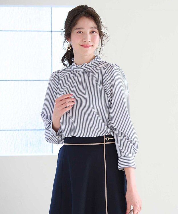 ANY SIS S 【洗える】プチフリル ブラウス ネイビーストライプ