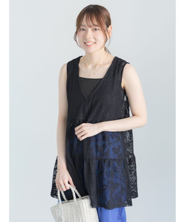 Te chichi 前後2WAYレースレイヤードチュニックベスト ブラック