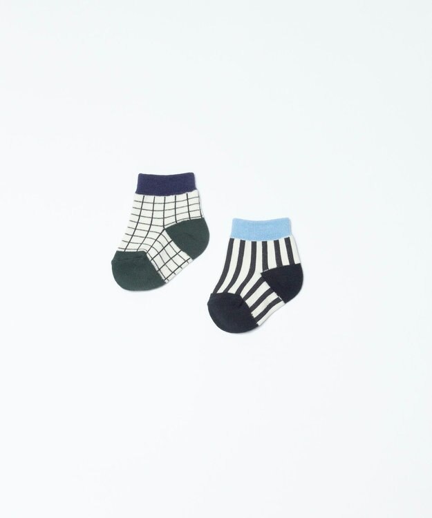 TRICOTE CHECK STRIPE SOCKS SET OF 2 / BABYSOCKS 2piece  (BABY) 05BOY