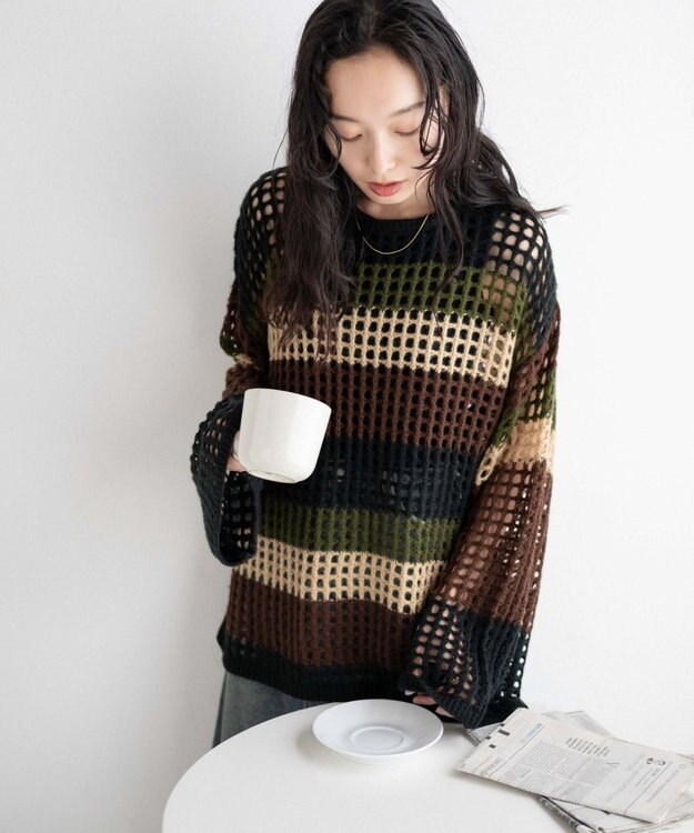 WEGO ビッグメッシュニットプルオーバー グリーン