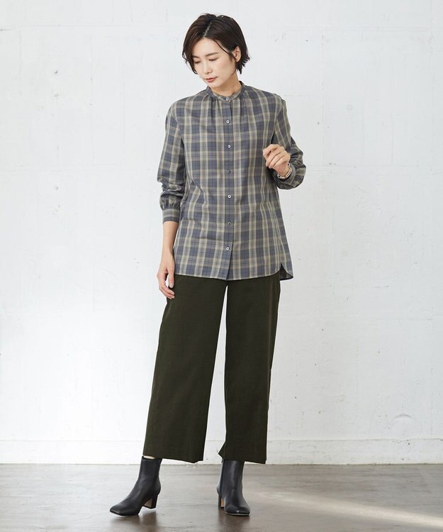 J.PRESS LADIES S 【洗える】クリアチェック バンドカラー ブラウス ライトグレー系3