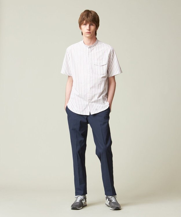 J.PRESS MEN 【クールマックス】サッカー マルチストライプ バンドカラーシャツ パープル系1