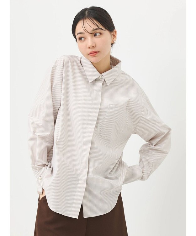earth music&ecology パールボタンシャツ Stripe Beige