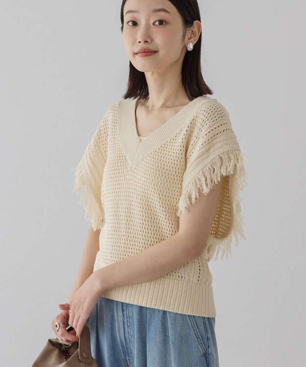 AMERICAN HOLIC 袖フリンジショート丈プルオーバー Ecru