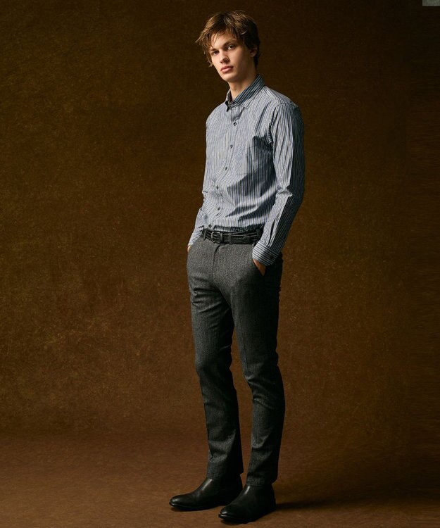 JOSEPH ABBOUD 【キングサイズ・シルク×綿ブレンド】シルクコットンストライプ シャツ グレー系1