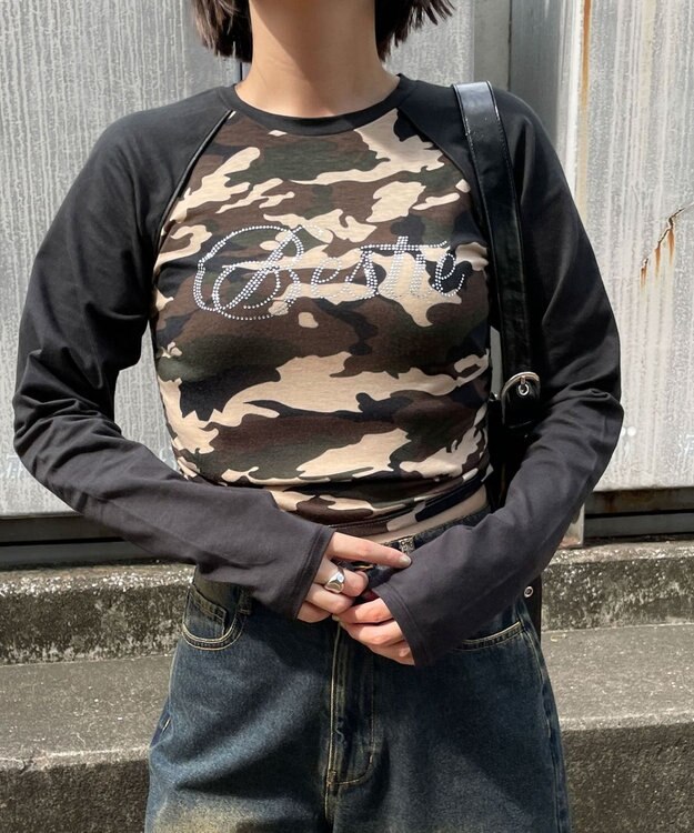 WEGO ラインストーンサイドドロストラグランロンT 柄1