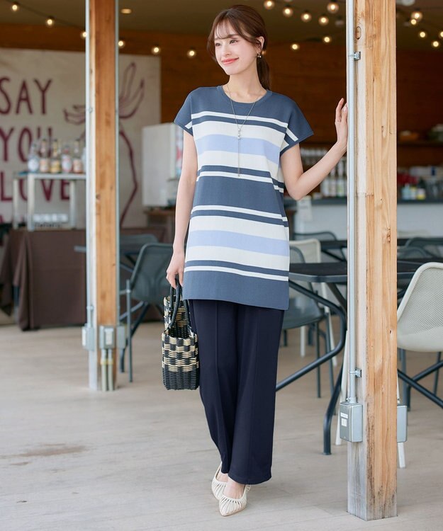 Tiaclasse 【新色追加・洗える】マルチボーダーフレンチニットチュニック ブルー×オフ×サックス