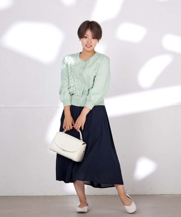 Tiaclasse L 【洗える】7分袖前身レースカーディガン ミント