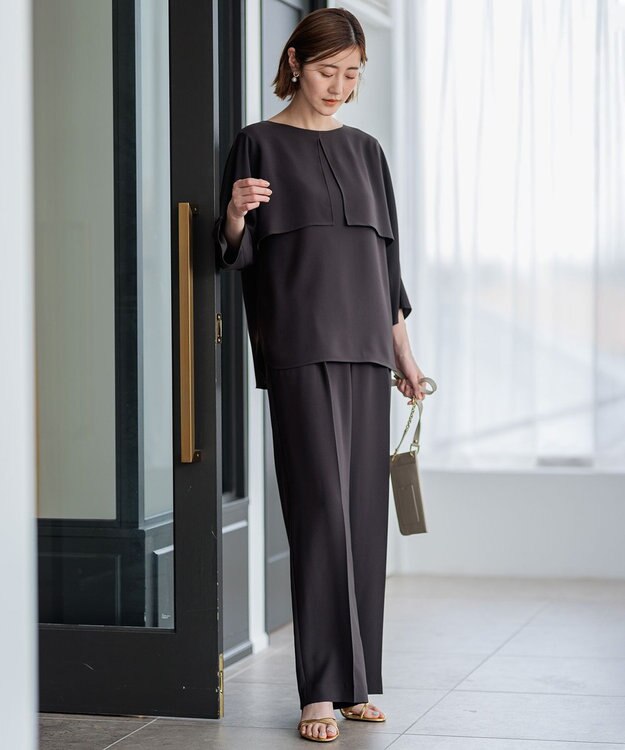 23区 L 【洗える】ストレッチジョーゼット ケープデザイン カットソー ダークブラウン系