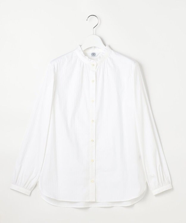 J.PRESS LADIES L BEZコットンナイロン ストライプ フリル襟 ブラウス ホワイトドビー系