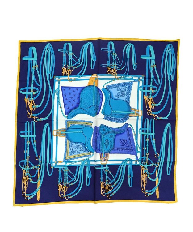 Marca 【伝統横濱スカーフ】鞍とベルト 大判 シルクスカーフ ネイビー