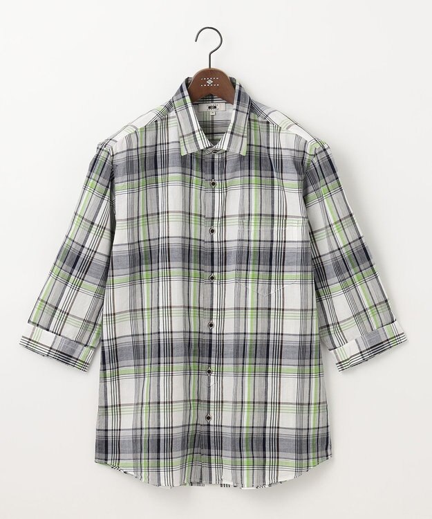 JOSEPH ABBOUD 【キングサイズ・サスティナブル】リヨセルリネンチェック 七分袖シャツ グリーン系4