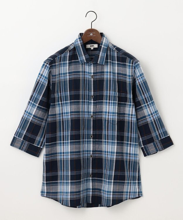 JOSEPH ABBOUD 【キングサイズ・サスティナブル】リヨセルリネンチェック 七分袖シャツ ネイビー系4