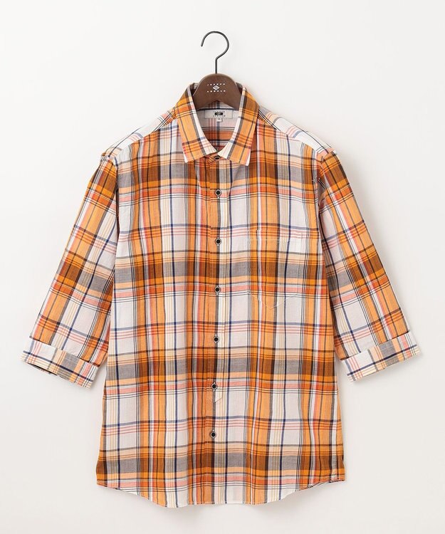 JOSEPH ABBOUD 【キングサイズ・サスティナブル】リヨセルリネンチェック 七分袖シャツ オレンジ系4
