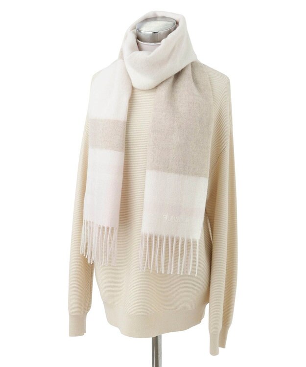 MOONBAT FURLA ウールブロックチェックラメマフラー/幅30cm ペールピンク