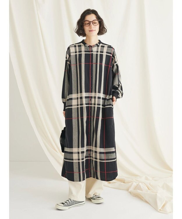 CRAFT STANDARD BOUTIQUE 先染めチェック（大）バンドカラー袖ＲＩＢ　ＯＰ Black