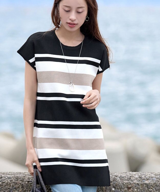 Tiaclasse 【新色追加・洗える】マルチボーダーフレンチニットチュニック ブラック×オフ×モカ