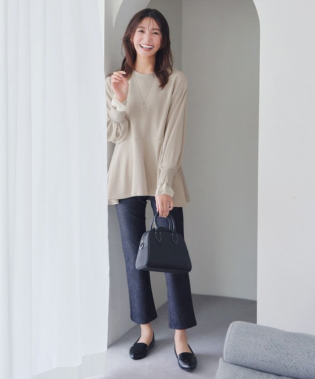 Tiaclasse 【吸水発熱・洗える】袖口ドッキングカットソープルオーバー ベージュ