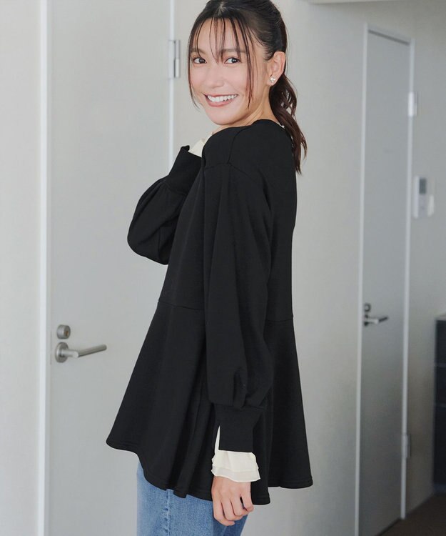 Tiaclasse 【吸水発熱・洗える】袖口ドッキングカットソープルオーバー ブラック