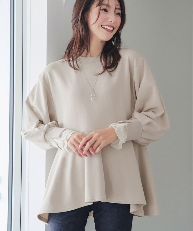 Tiaclasse 【吸水発熱・洗える】袖口ドッキングカットソープルオーバー ベージュ