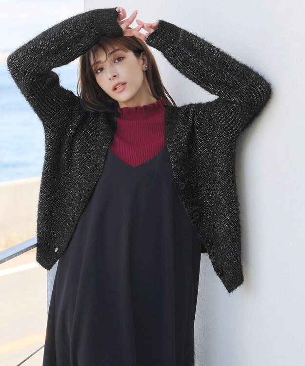 Tiaclasse 【洗える】ふわふわ片畦ラメシャギーカーディガン ブラック