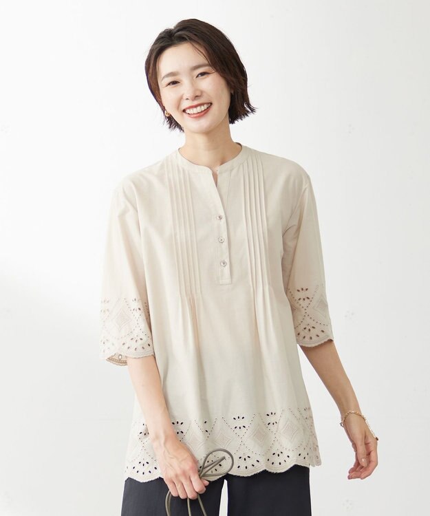 J.PRESS LADIES S 【洗える】 セルロース刺繍 ブラウス ベージュ系