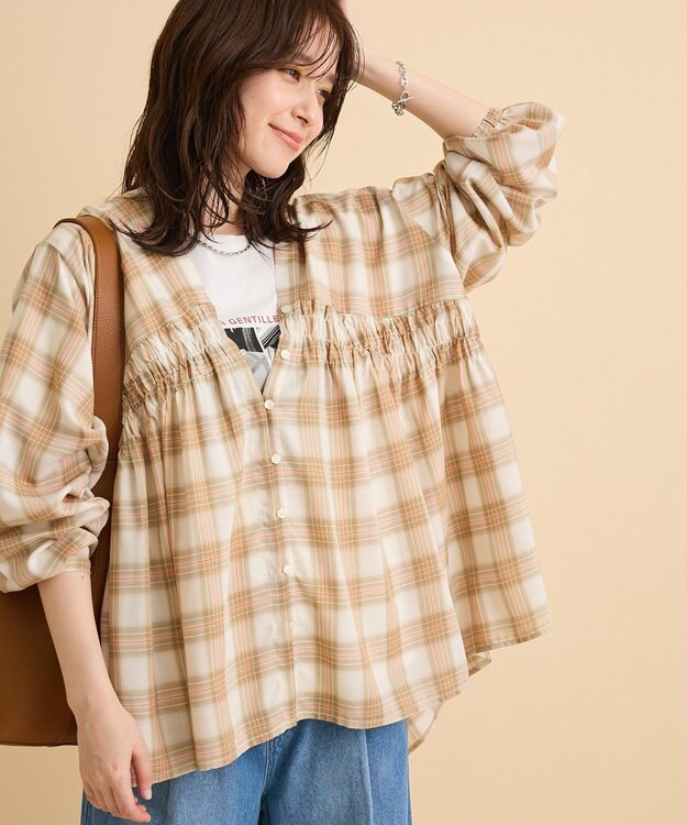 Green Parks 【しゃれシャツ】イージーケアＶネックチェックブラウス Beige