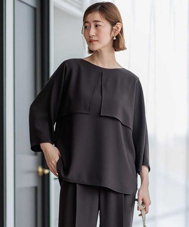 23区 L 【洗える】ストレッチジョーゼット ケープデザイン カットソー ダークブラウン系