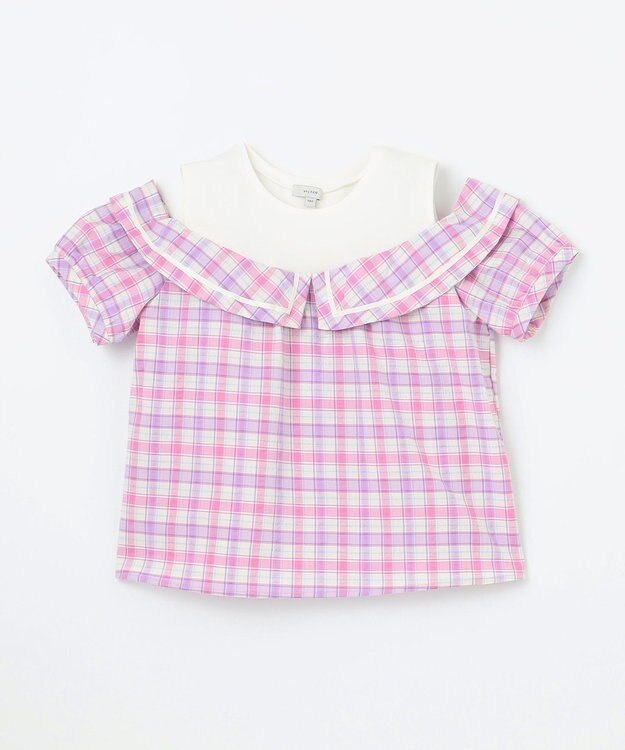 ANY KIDS チェック オフショルダー ブラウス ピンク