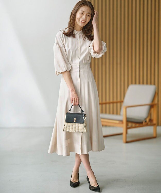 組曲 L 【WEB限定カラーあり】ボリュームスリーブシャツワンピース グレージュ系