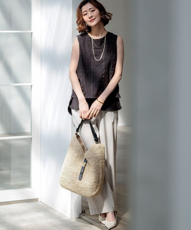 23区 【先行予約】シアーチェックレイヤード スリーブレス Tブラウス ダークブラウン系