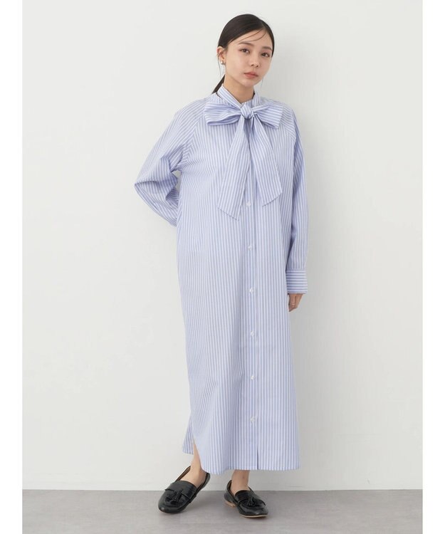 earth music&ecology ボウタイシャツワンピース Stripe Blue