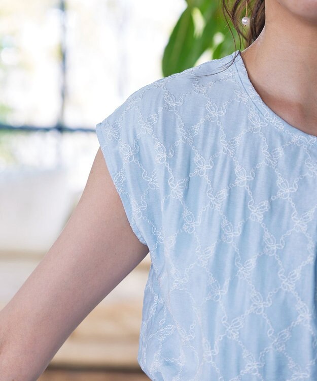 Tiaclasse 【洗える】配色刺繍レースワンピース サックス×ネイビー