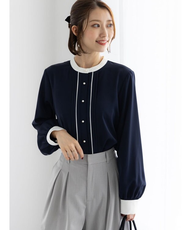 Te chichi パール釦フロントタックブラウス ネイビー